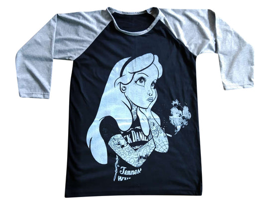 Unisex Alice In Wonderland Tattoo Smoking Raglan 3/4 Sleeve Baseball T-Shirt